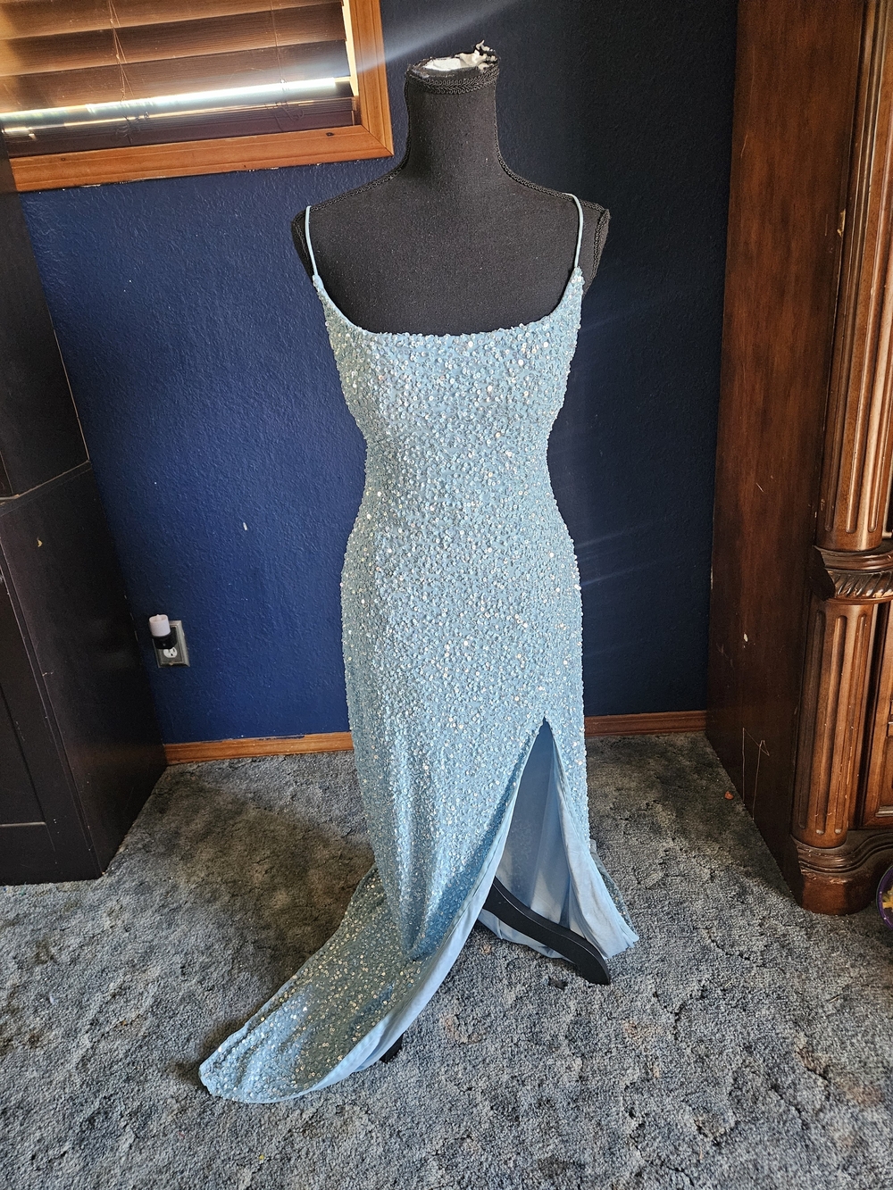 Sparkling Light Blue sequin Spaghetti-Strap Prom Gown with Front Slit